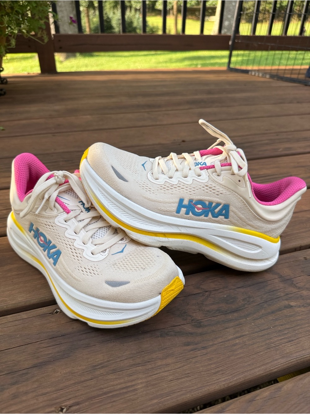 Hoka Women's Running Shoes in Cream with Pink & Yellow